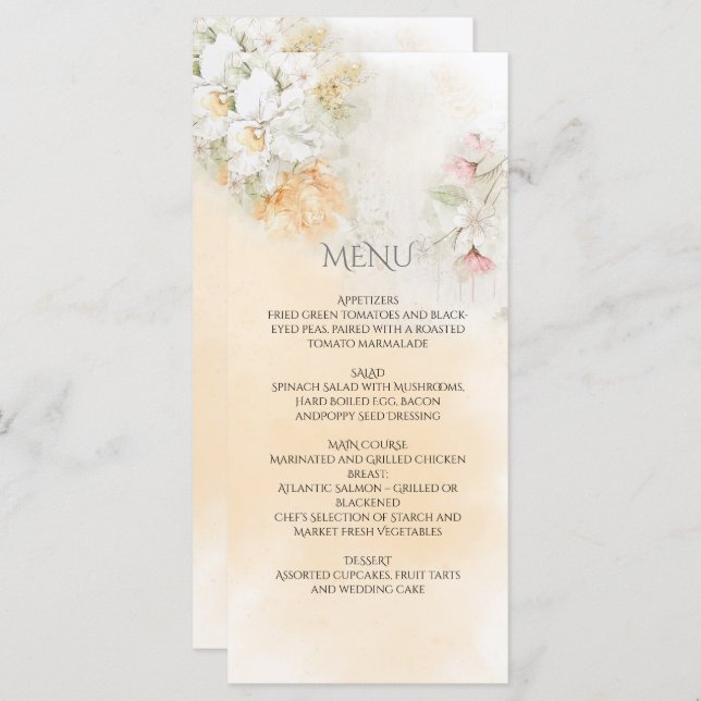 Menu Mariage floral Pastel jaune et rose (Devant / Derrière)