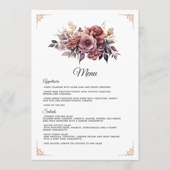 Menu Mariage Floral Prune, Gris, Cuivre et Rose Poussié (Devant)