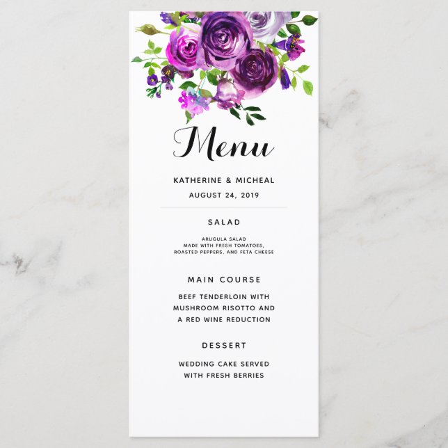 Menu Mariage Floral Purple Watercolor (Devant)