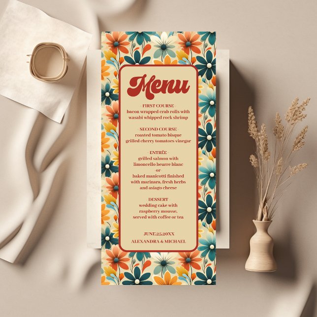 Menu Mariage Floral Rétro Groovy des Années 70 (Créateur téléchargé)
