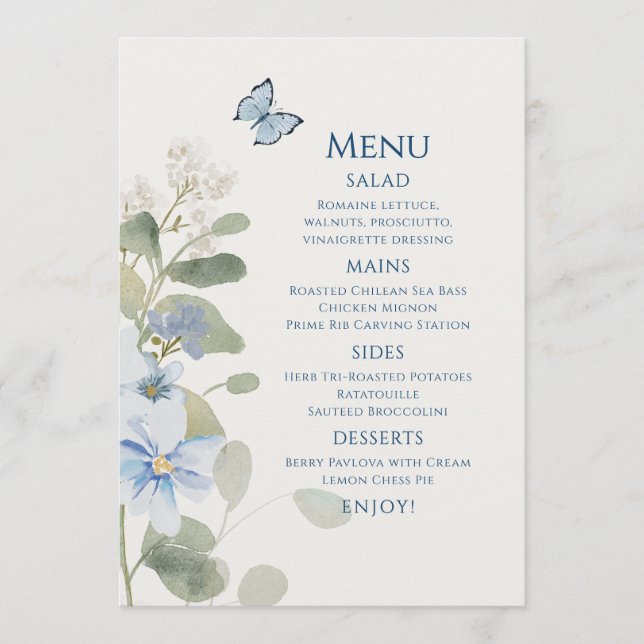 Menu Mariage floral romantique bleu Dusty (Devant)