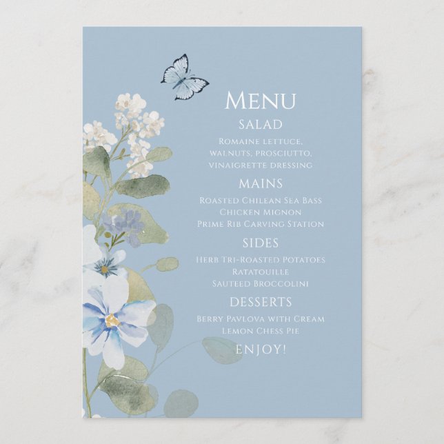 Menu Mariage floral romantique bleu Dusty (Devant)