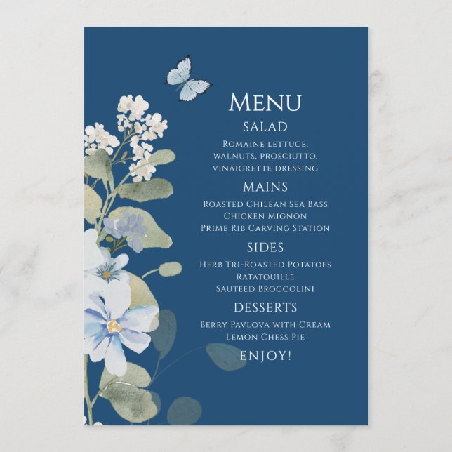 Menu Mariage floral romantique bleu Dusty (Devant)