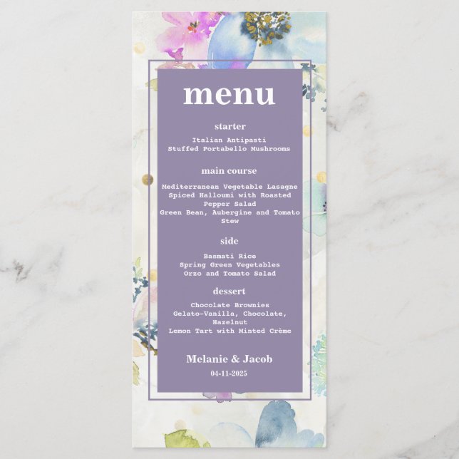 Menu Mariage floral romantique Mauve (Devant)