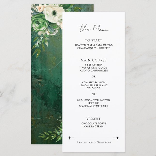 Menu Mariage Floral Romantique Vert Emeraude (Devant / Derrière)