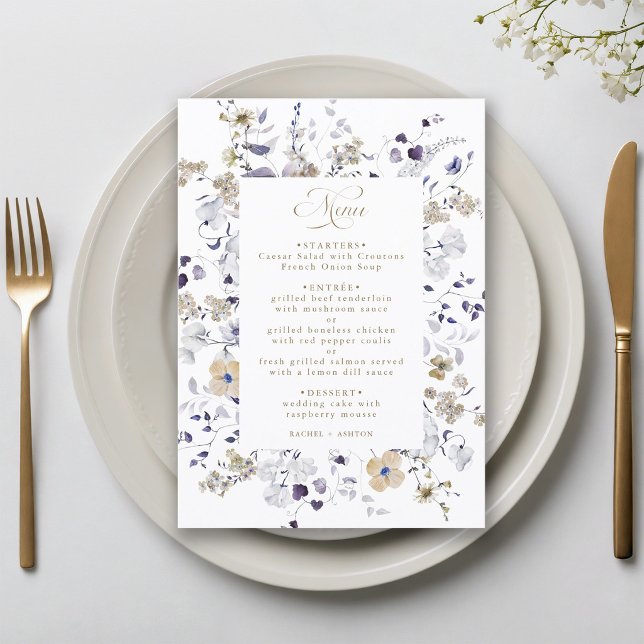 Menu Mariage Floral Romantique Violet Blanc Or (Créateur téléchargé)