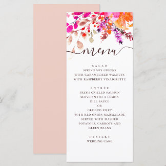 Menu Mariage floral rose aquarelle. Jardin botanique