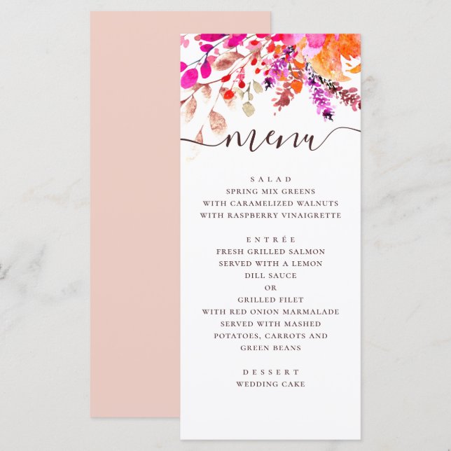 Menu Mariage floral rose aquarelle. Jardin botanique (Devant / Derrière)