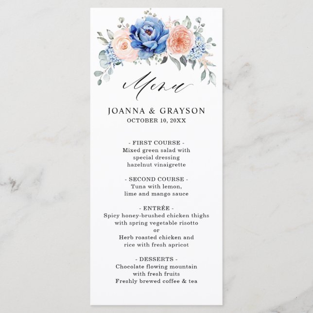 Menu Mariage floral rose bleu marine (Devant)