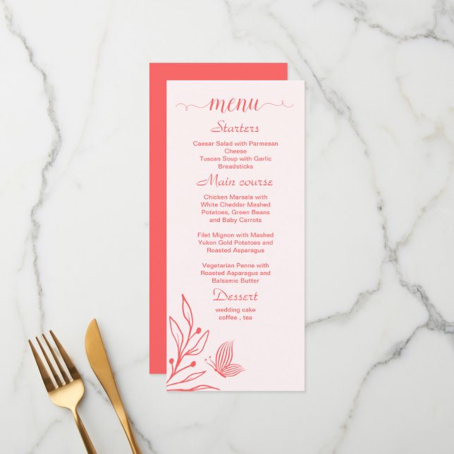 Menu Mariage floral rose corail simple (Devant/Arrière en situation)