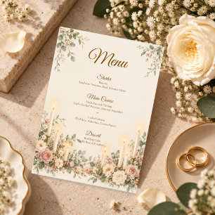 Menu Mariage Floral Rose Élégant aux Chandelles