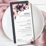 Menu Mariage floral rose élégant moderne<br><div class="desc">Joli et simple design moderne rose, noir et blanc fleur mariage. Un look classique mais fantaisiste avec des fleurs de couleur rose, noire, grise et crème avec des polices noires et du lettrage moderne. Modifiez tout le texte à vos propres informations. Vous pouvez même changer la couleur arrière - plan...</div>