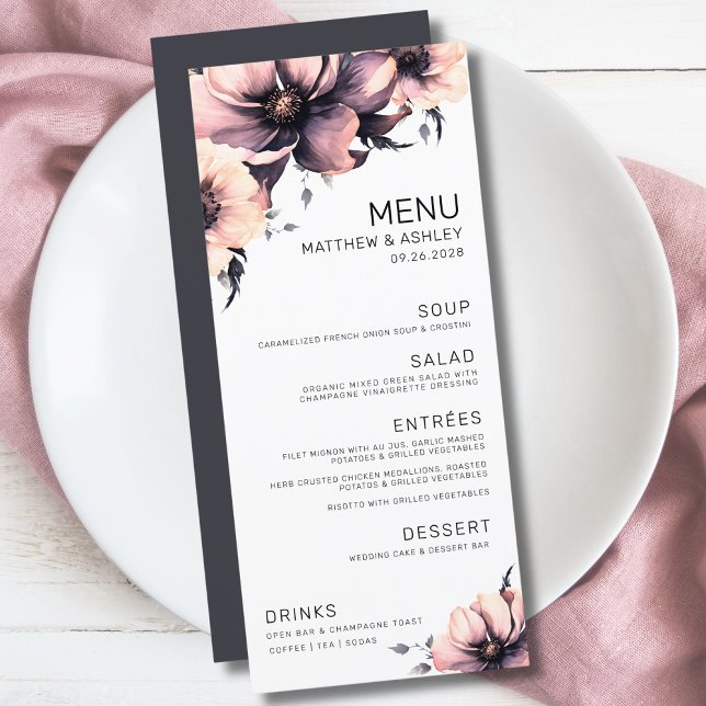 Menu Mariage floral rose élégant moderne (Unique Modern Elegant Floral Pink Black Wedding Menu)