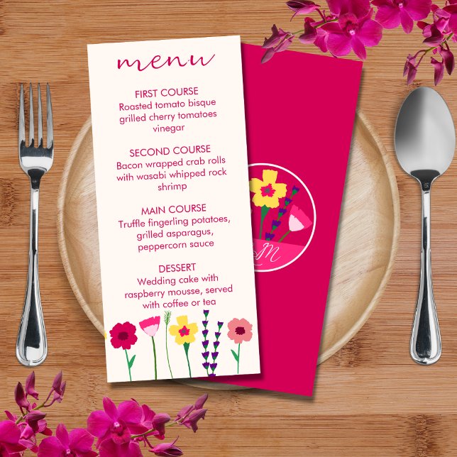 Menu Mariage floral rose gras et brillant Fuchsia (Créateur téléchargé)