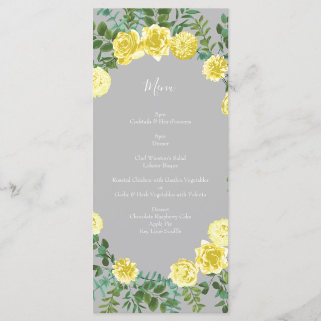 Menu Mariage Floral Rose Jaune clair et Gris (Devant)