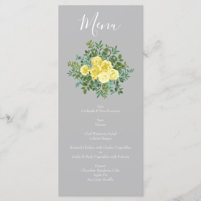 Menu Mariage Floral Rose Jaune clair et Gris (Devant)