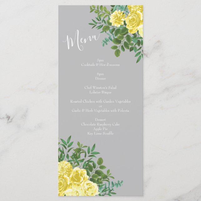 Menu Mariage Floral Rose Jaune clair et Gris (Devant)