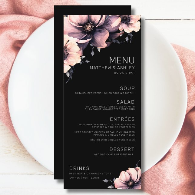 Menu Mariage Floral Rose Moderne Noir (Unique Elegant Modern Floral Pink Black Wedding Menu)
