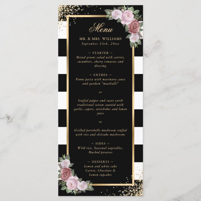 Menu Mariage Floral rose noir blanc or noir (Devant)