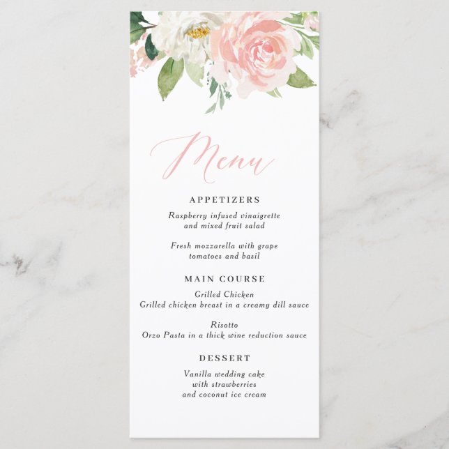 Menu Mariage floral rose pâle (Devant)