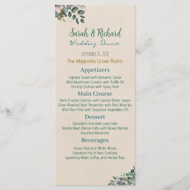 Menu Mariage Floral Rose Pâle et Sauge (Devant)