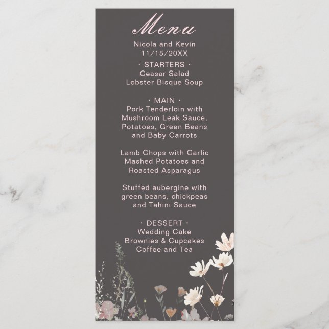 Menu Mariage Floral Rose Pâle Printemps Fleur Sauvage (Devant)