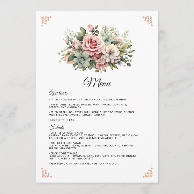 Menu Mariage floral Rose Poussiéreuse, Vert Menthe et B (Devant)