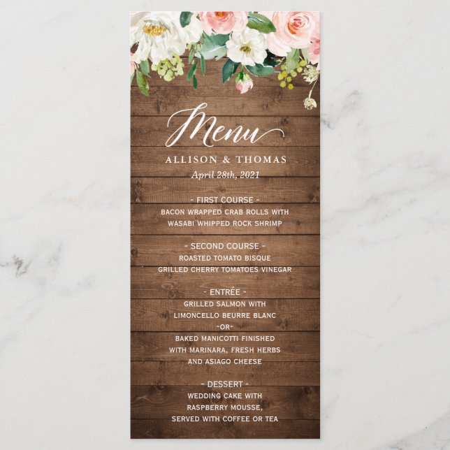 Menu Mariage floral rose rose rustique en bois (Devant)