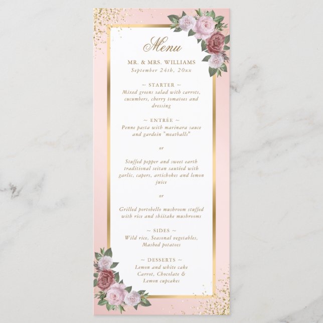 Menu Mariage floral rose vif (Devant)
