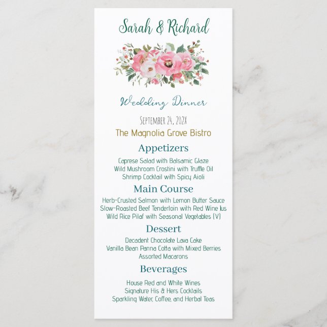 Menu Mariage floral rose vif (Devant)