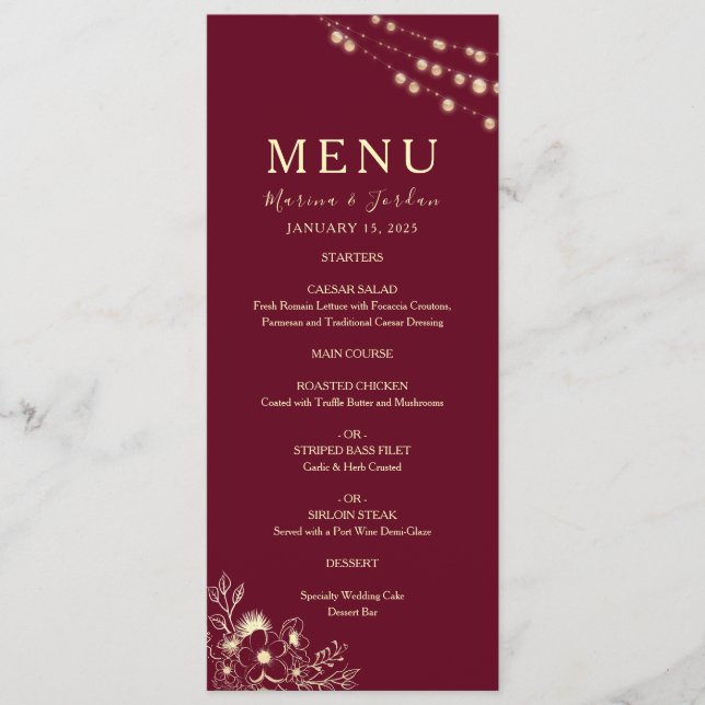Menu Mariage Floral Rouge Bourgogne (Devant)