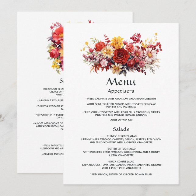 Menu Mariage Floral Rouge Luxuriant (Devant / Derrière)