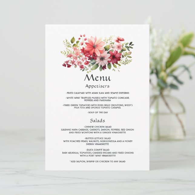 Menu Mariage floral rouge, rose et vert (Debout devant)