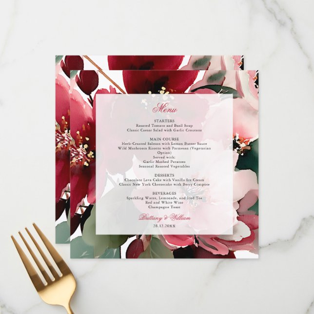 Menu Mariage Floral Rouge sur le thème de Noël  (Devant/Arrière en situation)