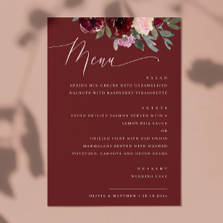 Menu Mariage Floral Rouge Vin Profond | Roses de Jardin
