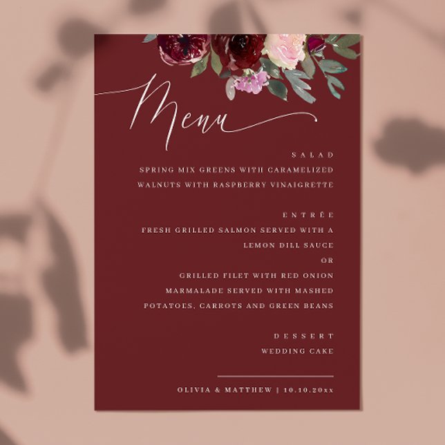 Menu Mariage Floral Rouge Vin Profond | Roses de Jardin (Créateur téléchargé)