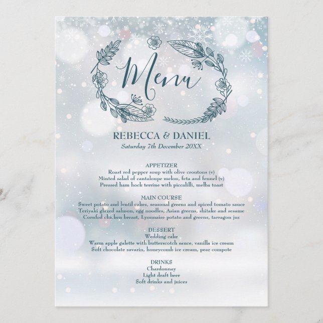 Menu Mariage Floral Rustique Flocons de Neige (Devant)