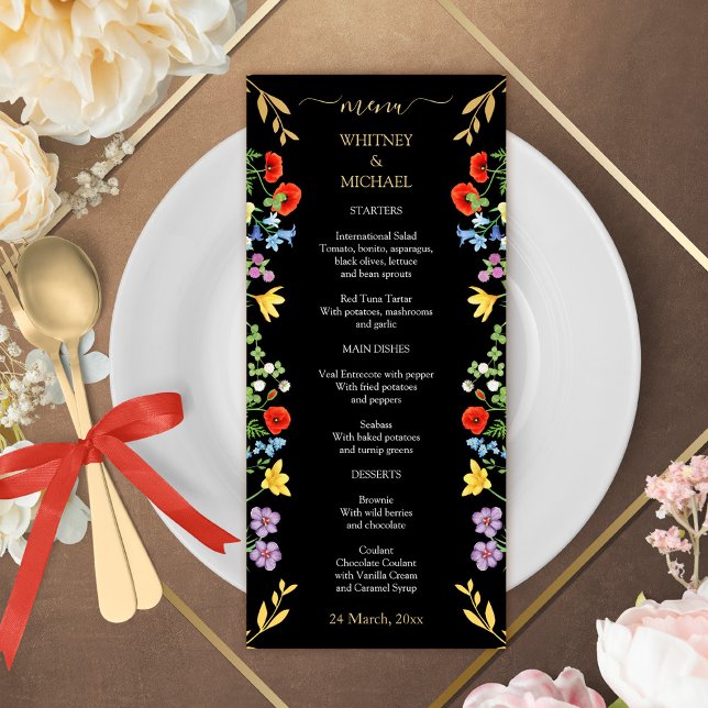 Menu Mariage Floral Rustique Printanier Coloré  (Colorful Spring Wildflower Rustic Floral Wedding Menu)