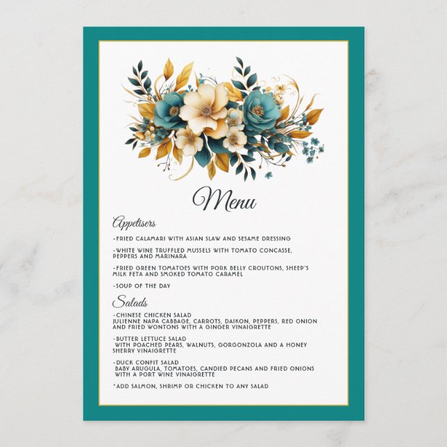 Menu Mariage floral sarcelle et or (Devant)
