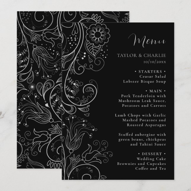 Menu Mariage floral soyeux et noir (Devant / Derrière)