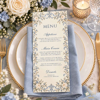 Menu Mariage Floral Toile Antique Bleu Poussiéreux Blan