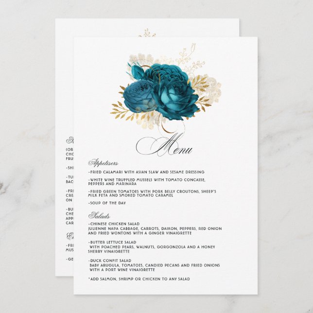 Menu Mariage floral Turquoise et or (Devant / Derrière)