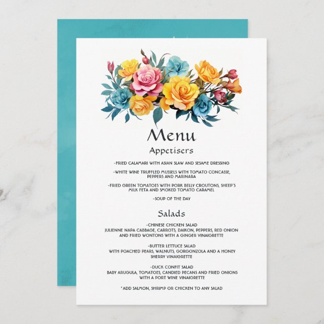 Menu Mariage floral turquoise, jaune et rose (Devant / Derrière)