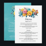 Menu Mariage floral turquoise, jaune et rose<br><div class="desc">Turquoise et jaune - turquoise et citron à la carte à la mariage à fleurs aux accents de rose. Idéal pour un thème ou un mariage de jardin.</div>
