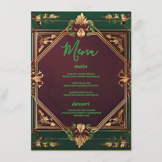 Menu Mariage floral vert et bordeaux géométrique or (Devant)