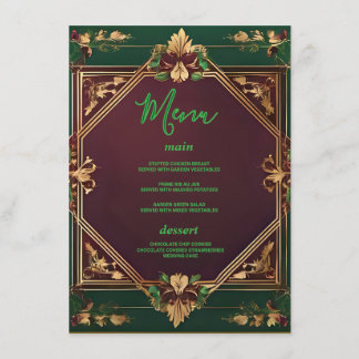 Menu Mariage floral vert et bordeaux géométrique or