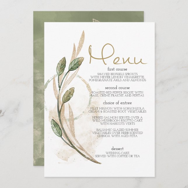 Menu Mariage Floral Vert Gold Sage (Devant / Derrière)