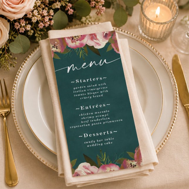 Menu Mariage Floral Vert Sarcelle Profond Chic Blooming (Elegant dark teal and floral reception menus)