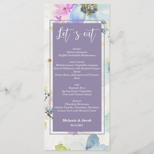 Menu Mariage floral violet mauve romantique (Devant)