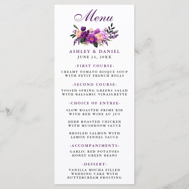 Menu Mariage floral violet ultra violet (Devant)